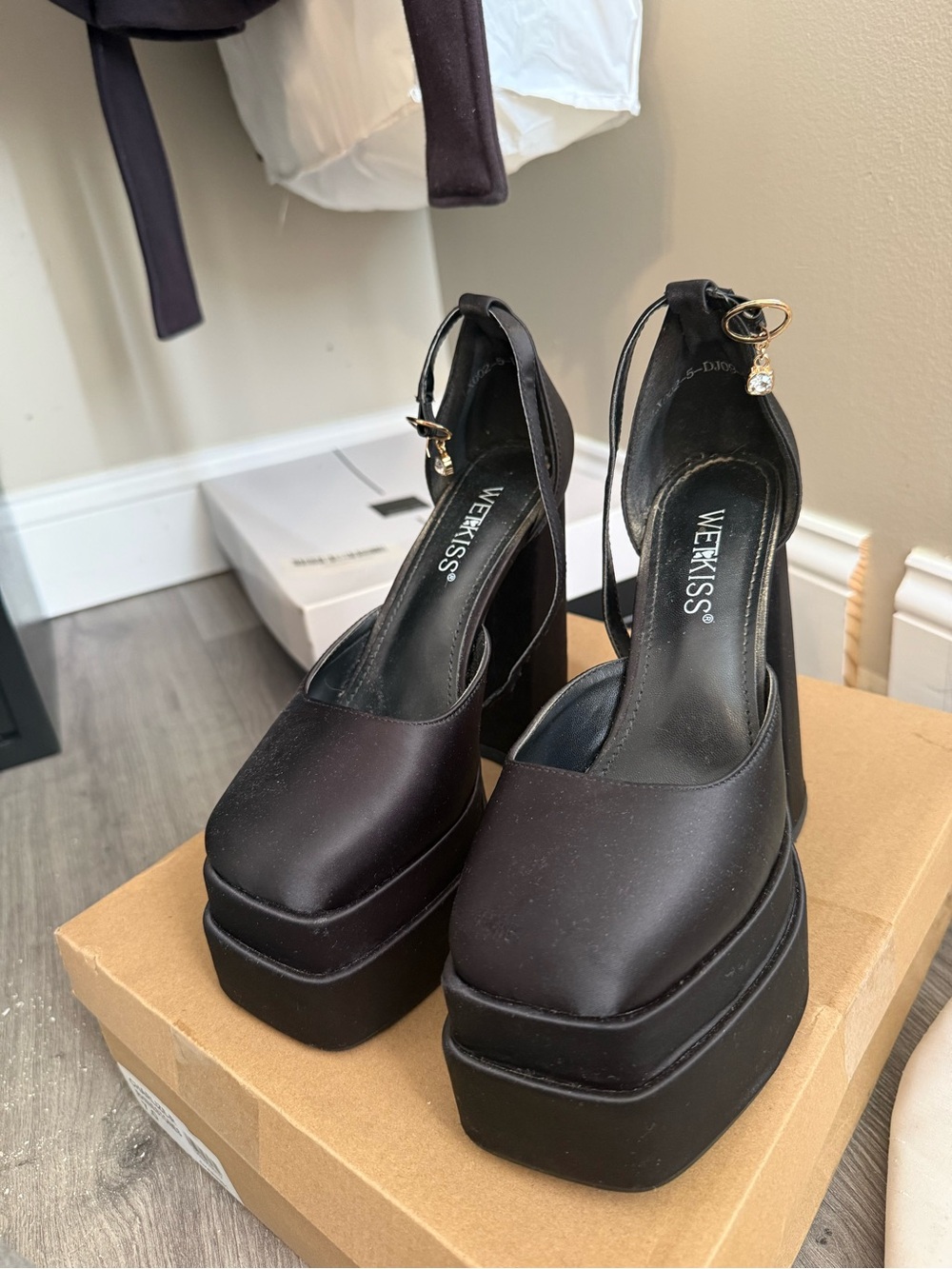Wet Kiss Black Platform Ankle-Strap Pumps with Gold Hardware